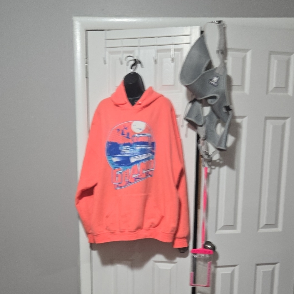 Jerzees Coral Hoodie with Blue Graphic